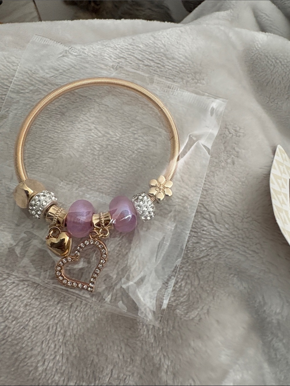 Gold-Tone Charm Bracelet with Purple Glass Beads and Crystal Heart